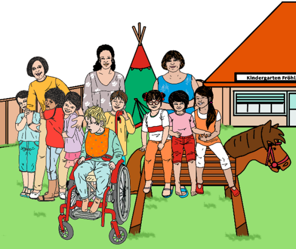 Verschiedene Kinder sind mit Betreuerinnen zusammen  im Garten von einer Kita.  Dabei ist auch ein Kind, das im Rollstuhl sitzt.